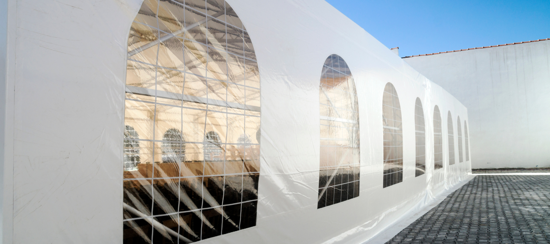 Party tent set up on a clear day